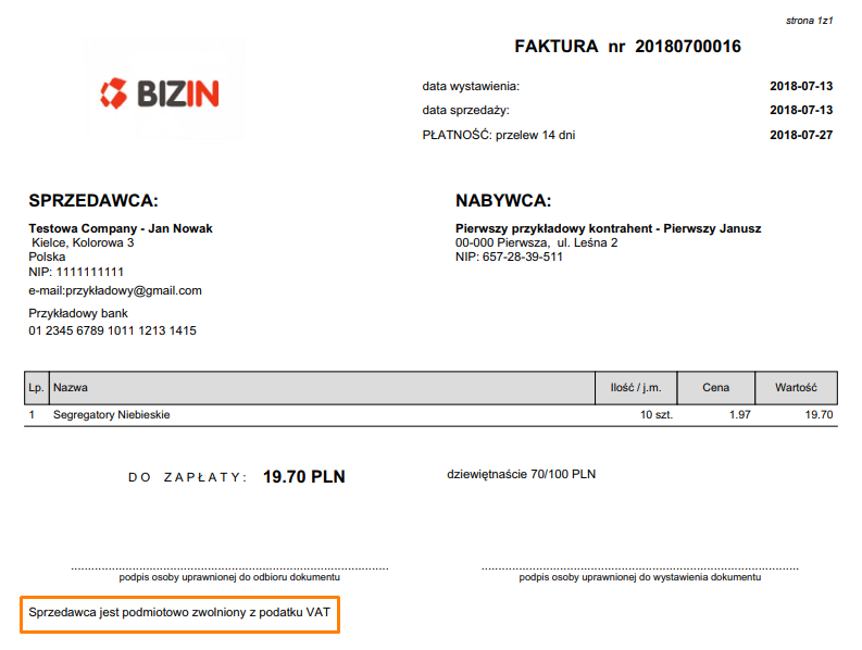 Пример счета-фактуры без учета НДС, выставленного в системе BizIn